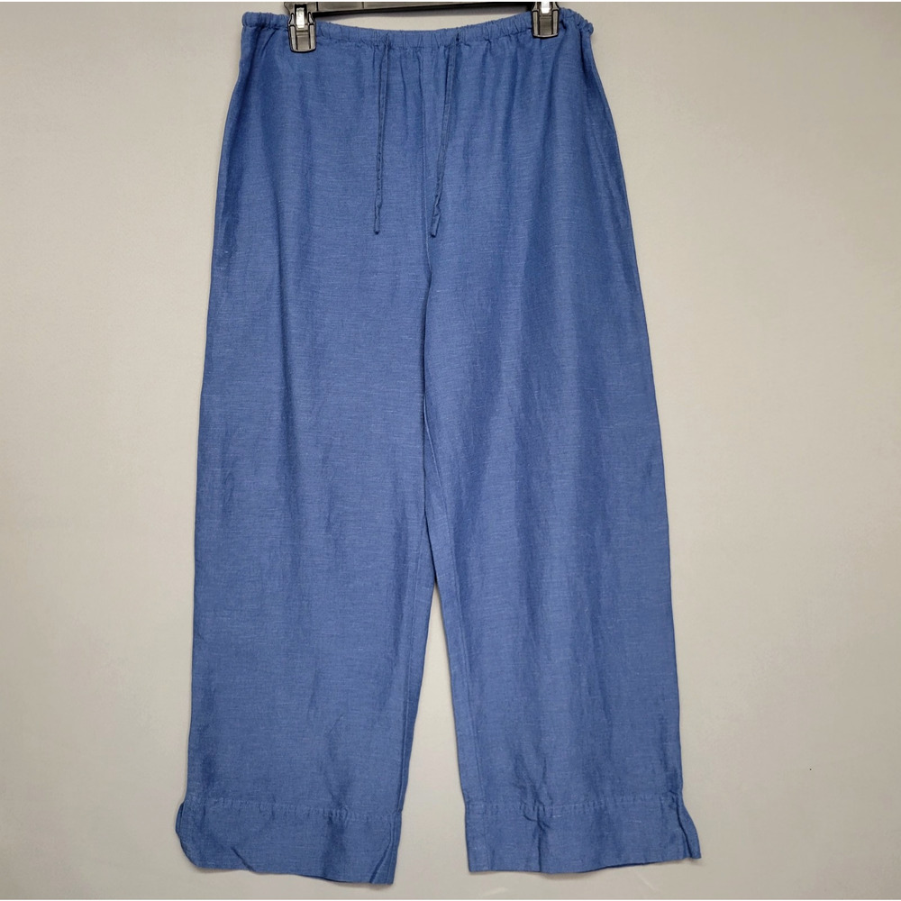 New York Company Cropped Pants Womens M Blue Linen Blend Drawstring Wide Leg